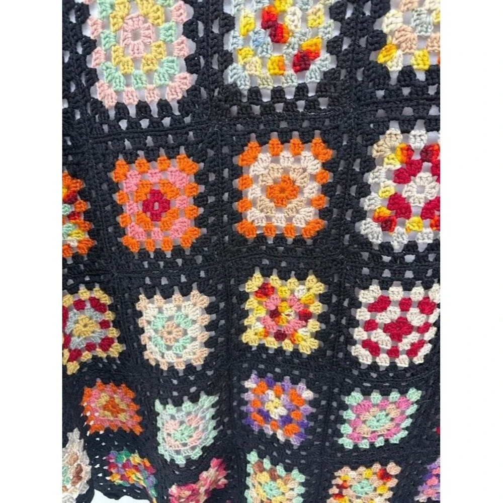 Hand Crochet Coverlet Twin Size 67 x 20 Black‎ and Multicolor Vintage 60's